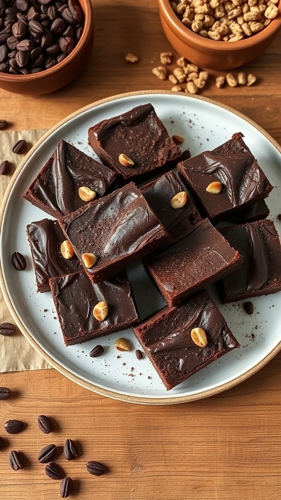 A plate of raw chocolate brownies topped with nuts, surrounded by coffee beans and granola.