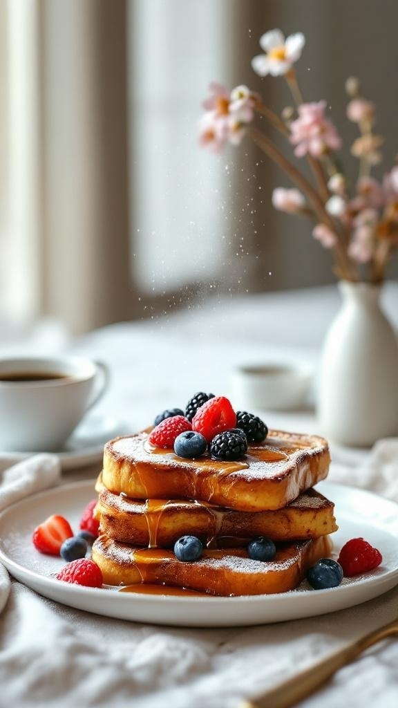A plate of vegan French toast topped with fresh berries and syrup, with a cup of coffee in the background.