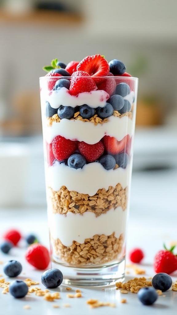 A glass filled with layers of yogurt, granola, and mixed berries, topped with fresh mint.