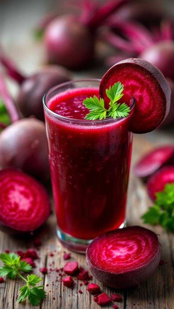 A glass of vibrant beetroot juice garnished with a slice of beet and fresh herbs, surrounded by whole beetroots on a wooden table.