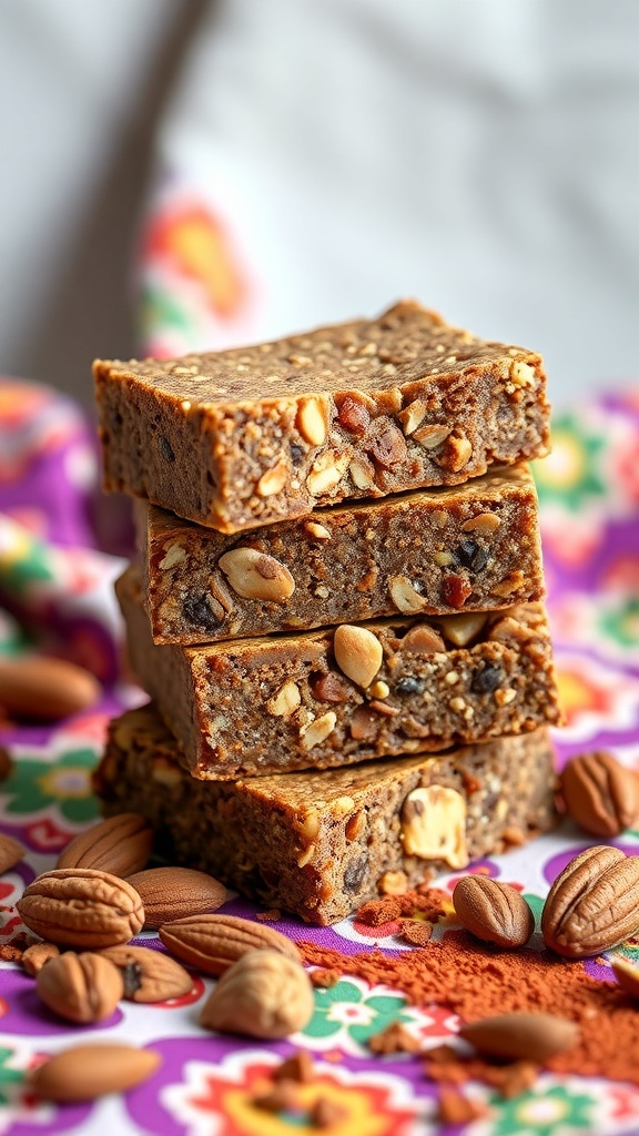 Stack of cocoa and nut protein bars with nuts scattered around