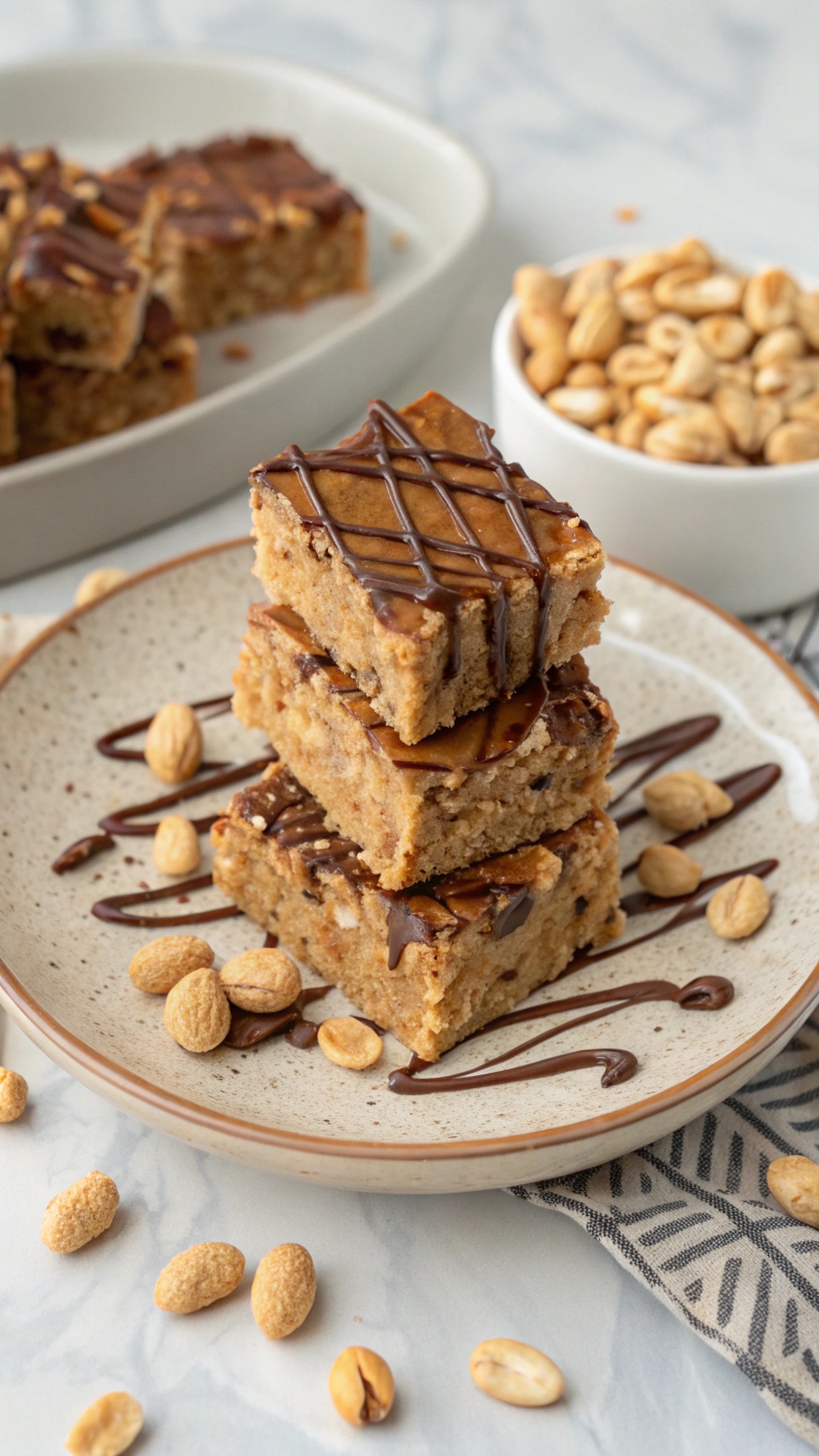 No-bake peanut butter bars stacked on a plate with chocolate drizzle and peanuts.