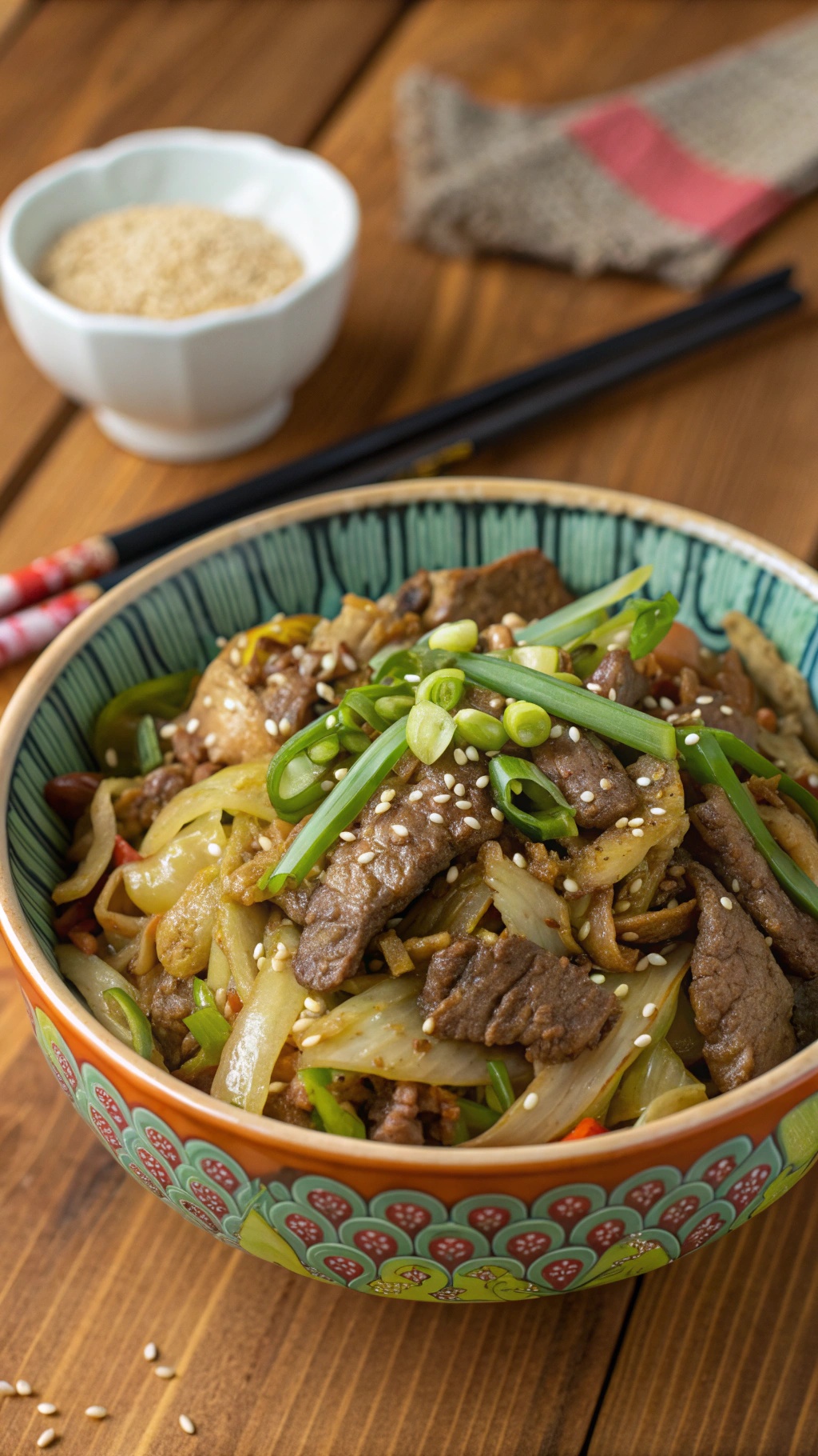 A colorful bowl of beef and cabbage stir-fry topped with green onions and sesame seeds.