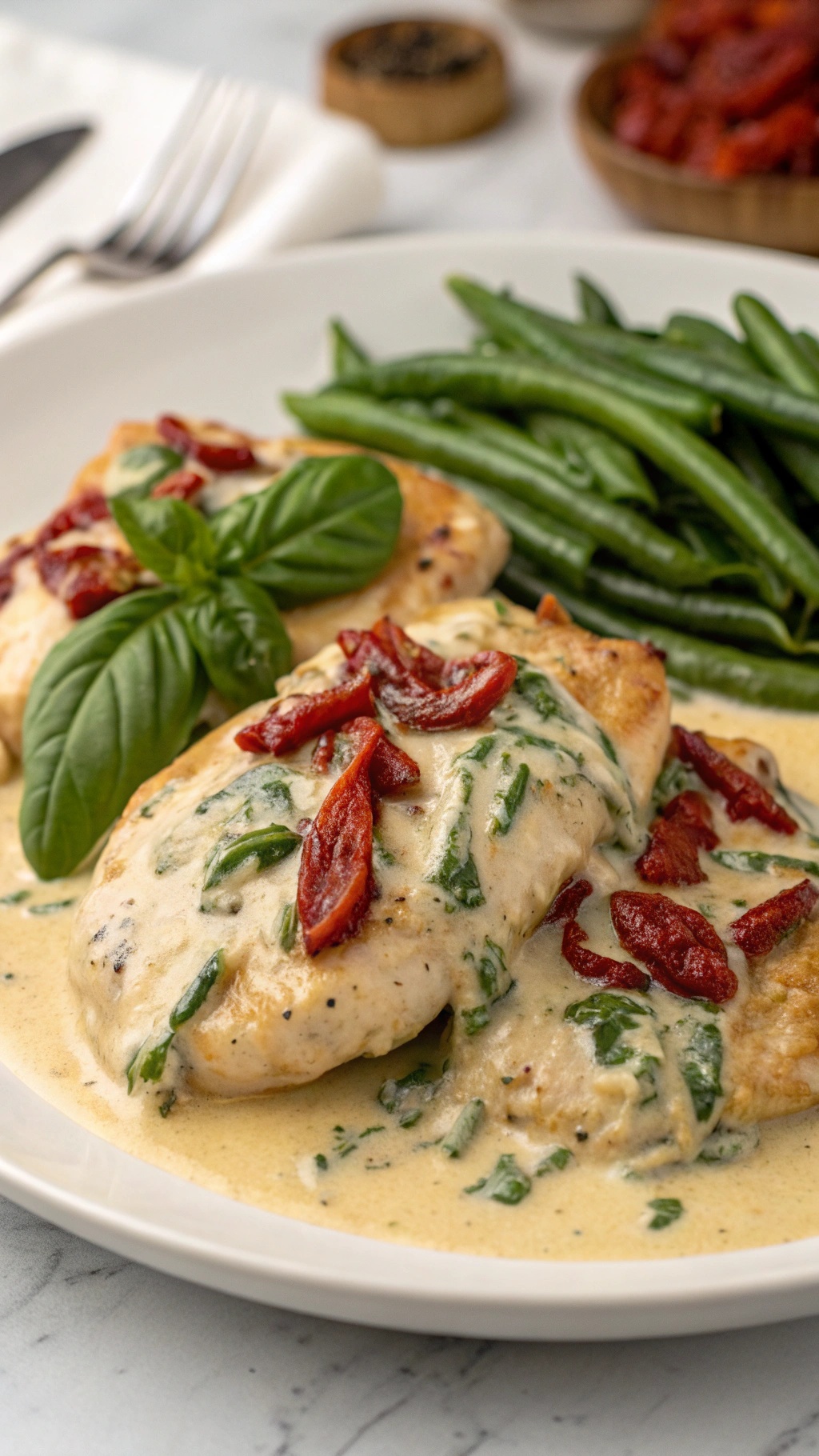 Creamy Tuscan chicken with spinach and sun-dried tomatoes on a plate with green beans.