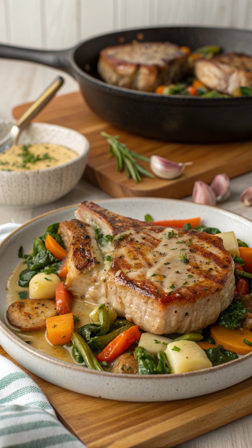 Keto-friendly pork chops with garlic butter and vegetables on a plate.