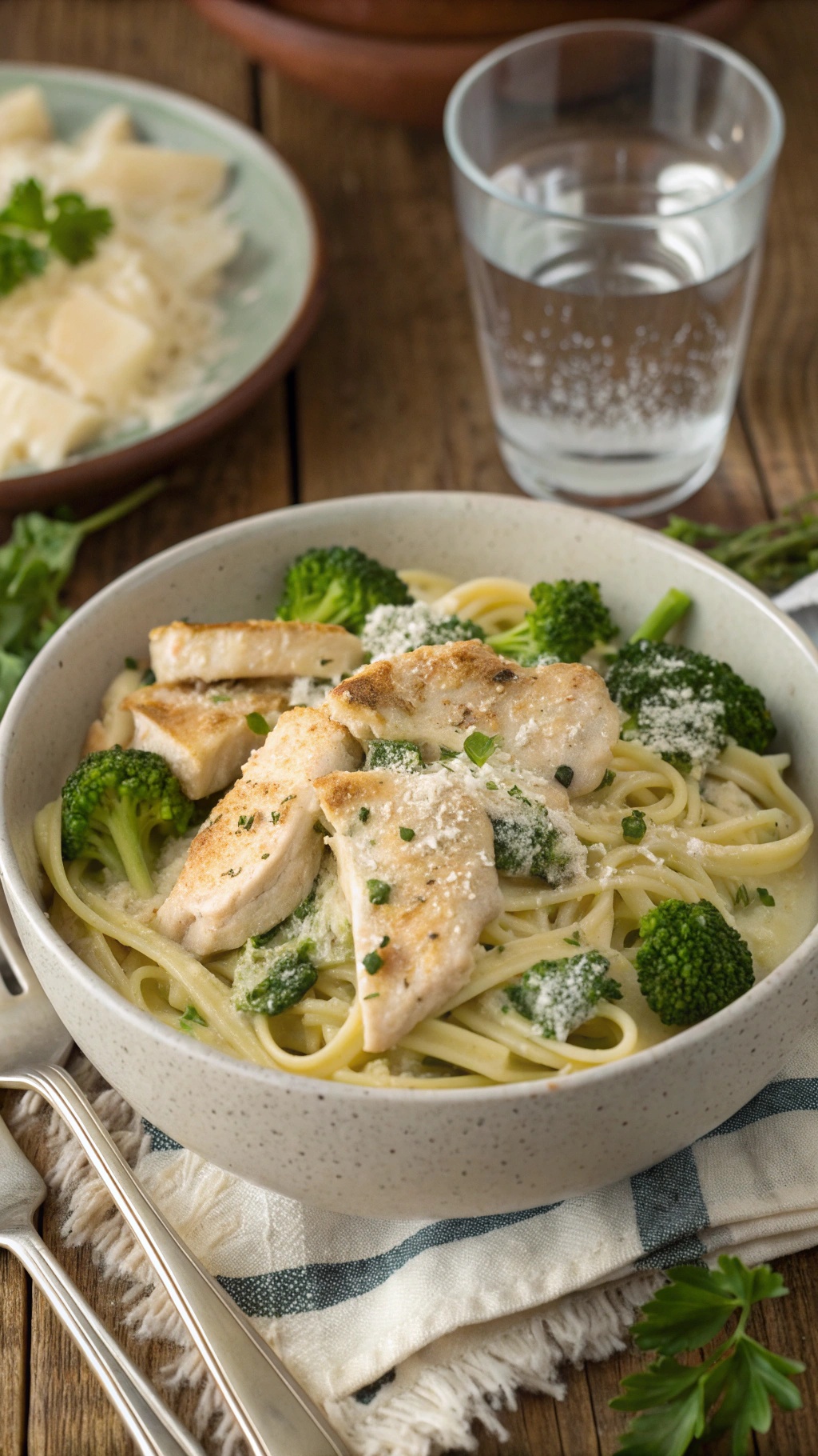 A bowl of Keto Chicken Alfredo with broccoli, featuring sliced chicken and creamy sauce.