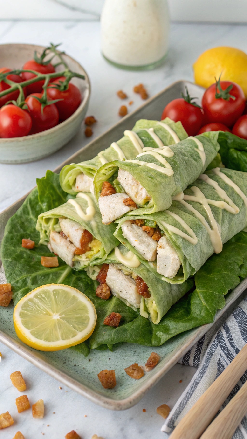 Keto Chicken Caesar Salad Wraps with lettuce, chicken, and dressing