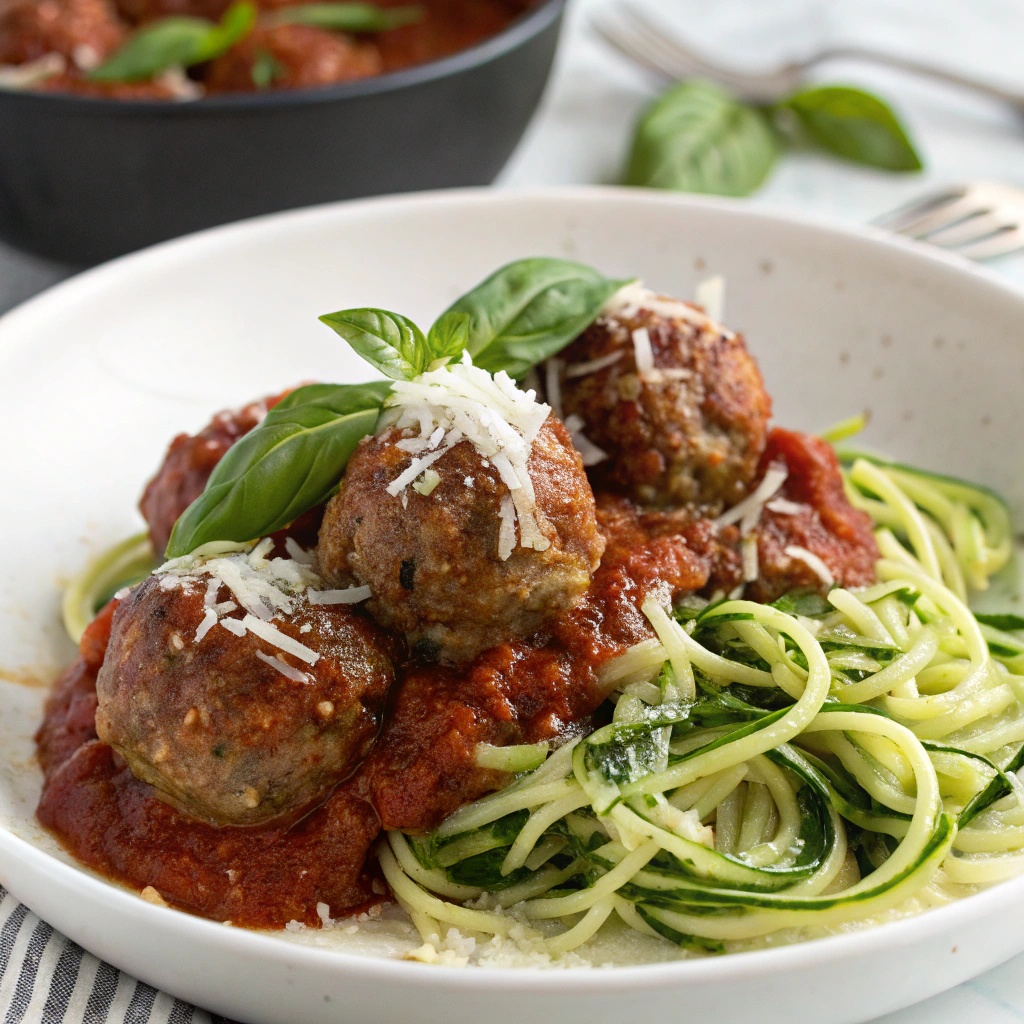 Delicious keto meatballs with marinara sauce, garnished with basil and cheese.
