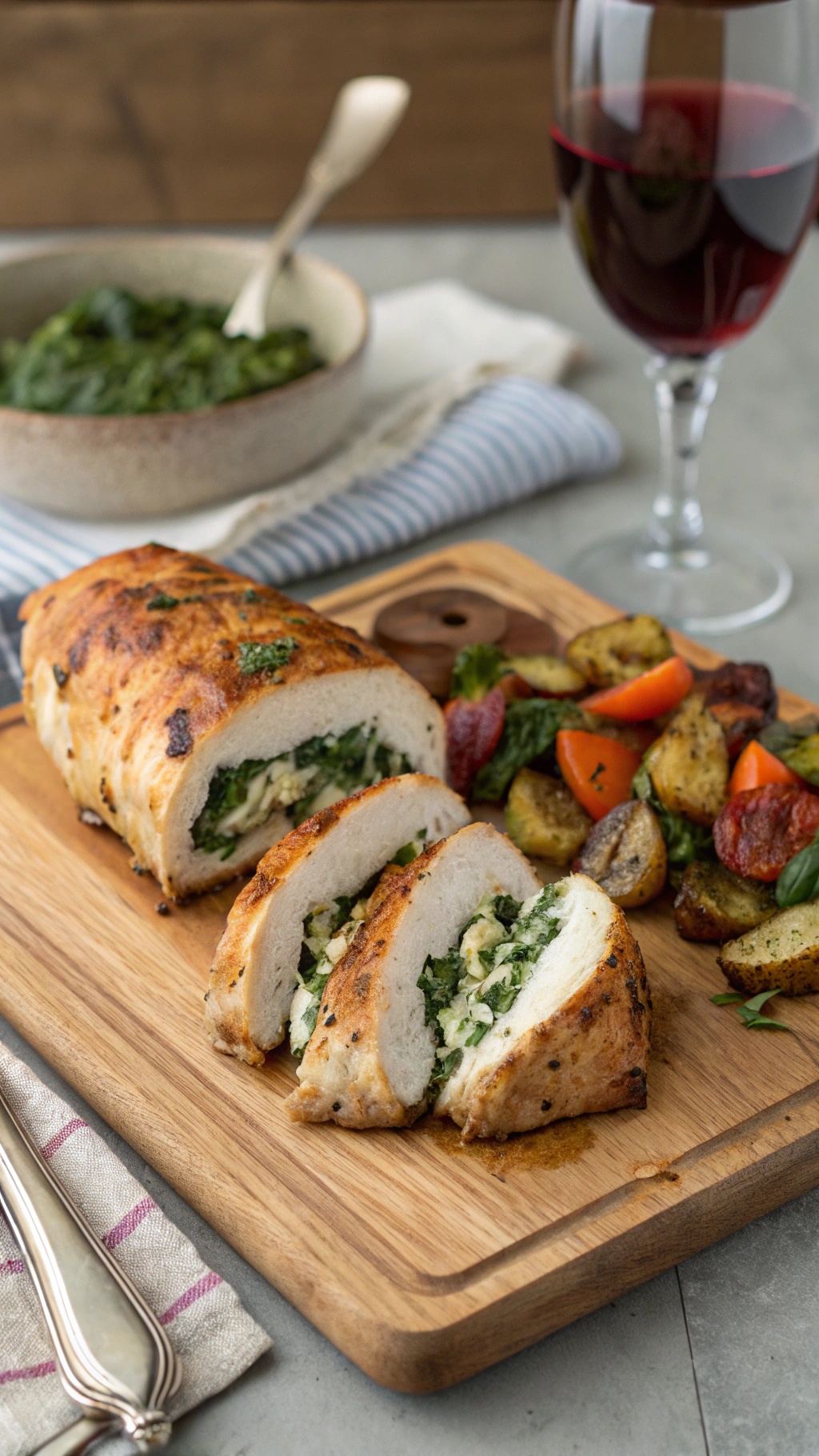 Keto Spinach and Feta Stuffed Chicken on a wooden cutting board with roasted vegetables and a glass of red wine.