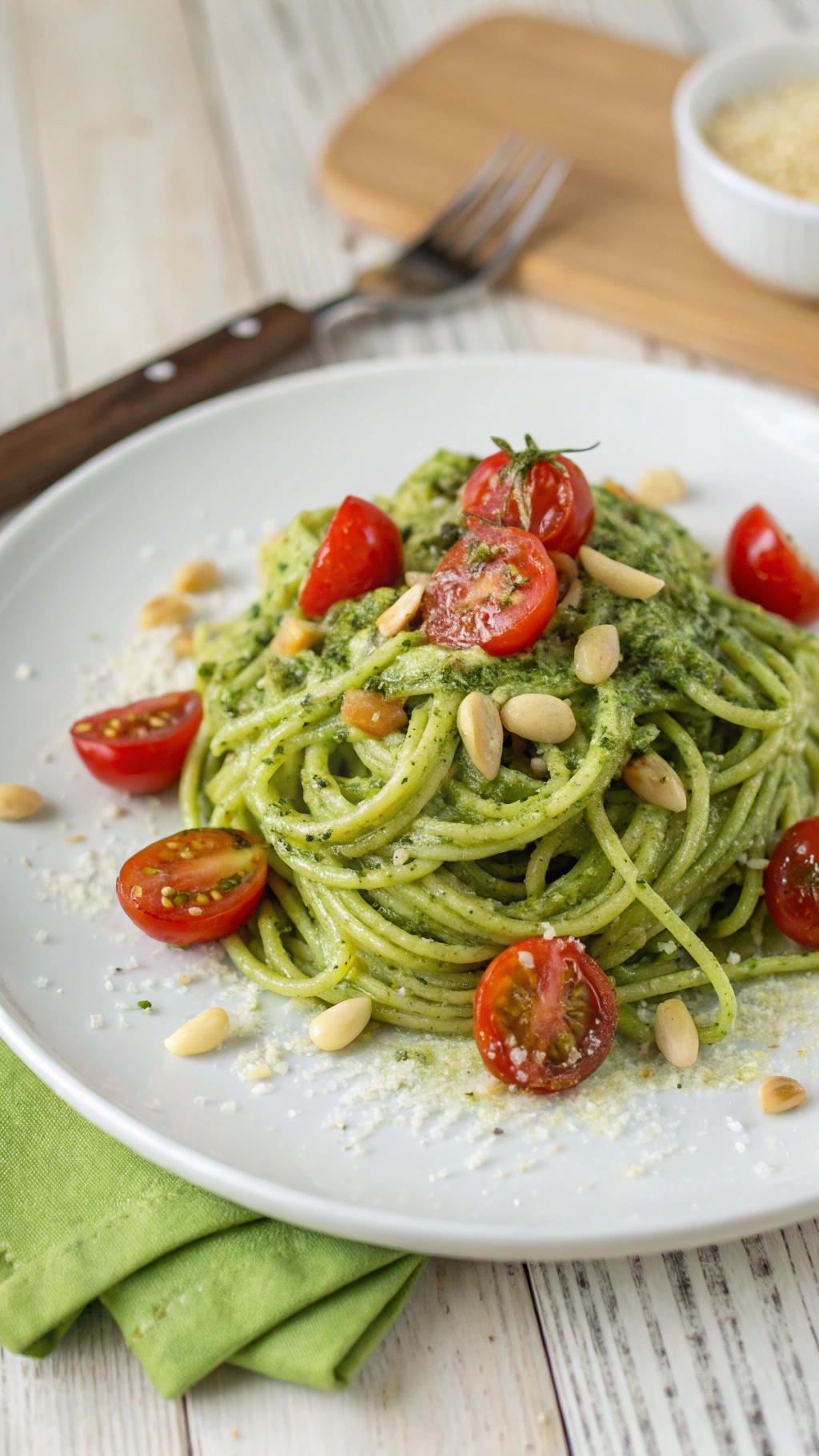 A plate of zucchini noodles with pesto, topped with cherry tomatoes and pine nuts.