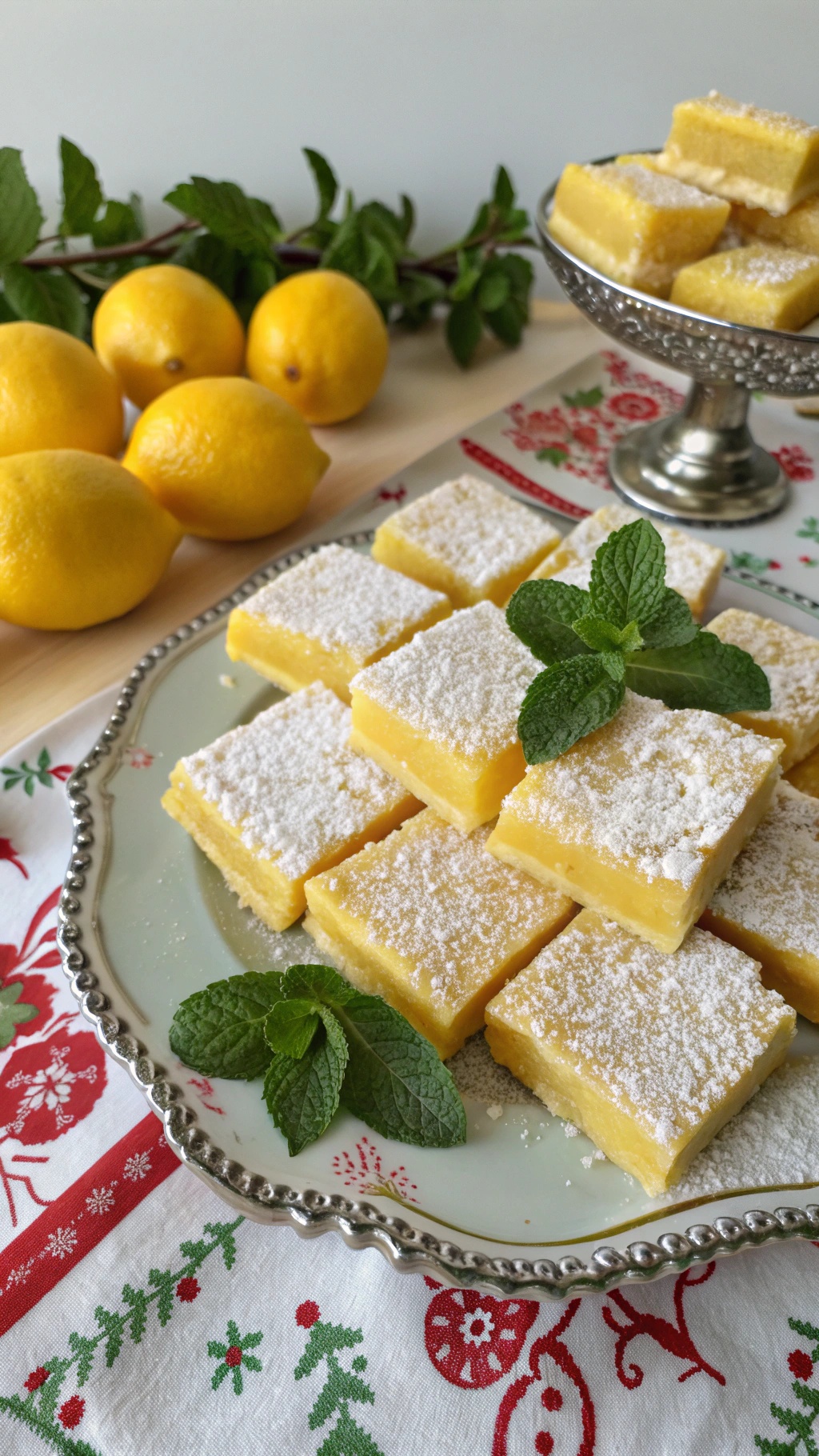 A plate of lemon bars dusted with powdered sugar, garnished with mint leaves, and surrounded by fresh lemons.