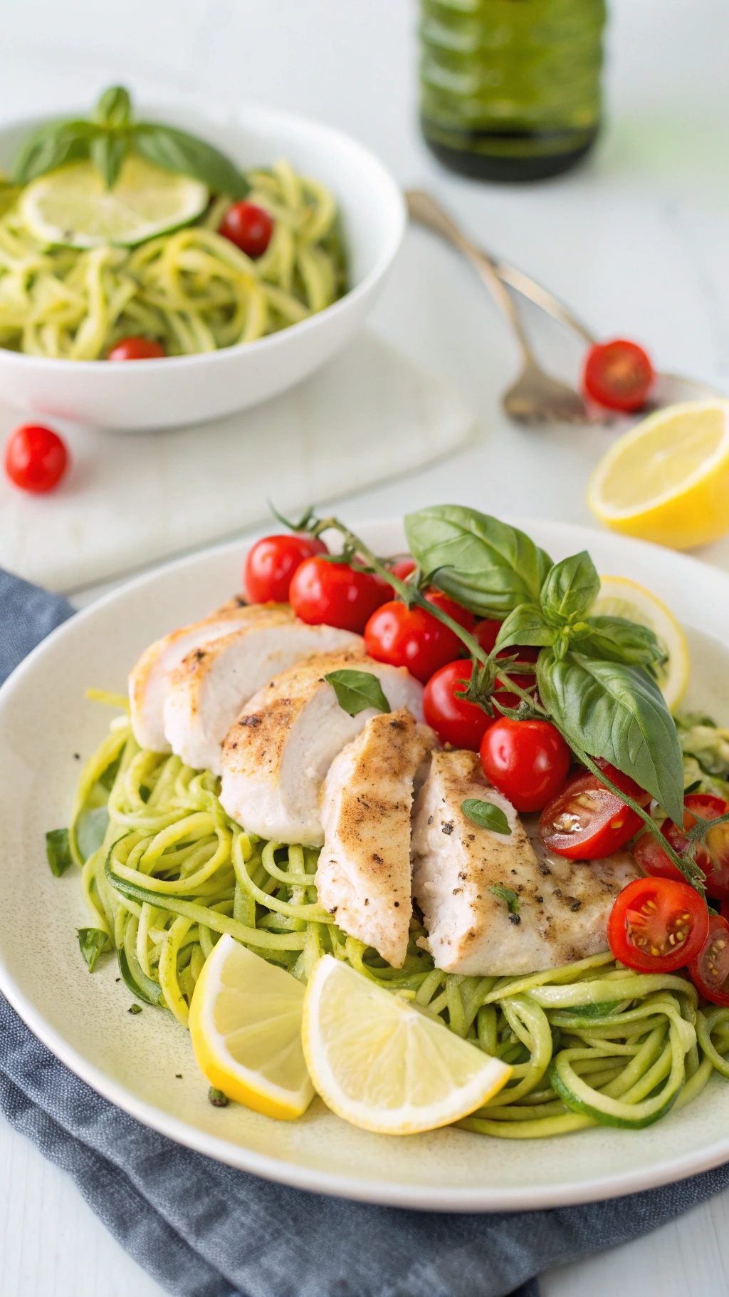 A plate of Lemon Basil Chicken served with zucchini noodles, cherry tomatoes, and fresh basil.