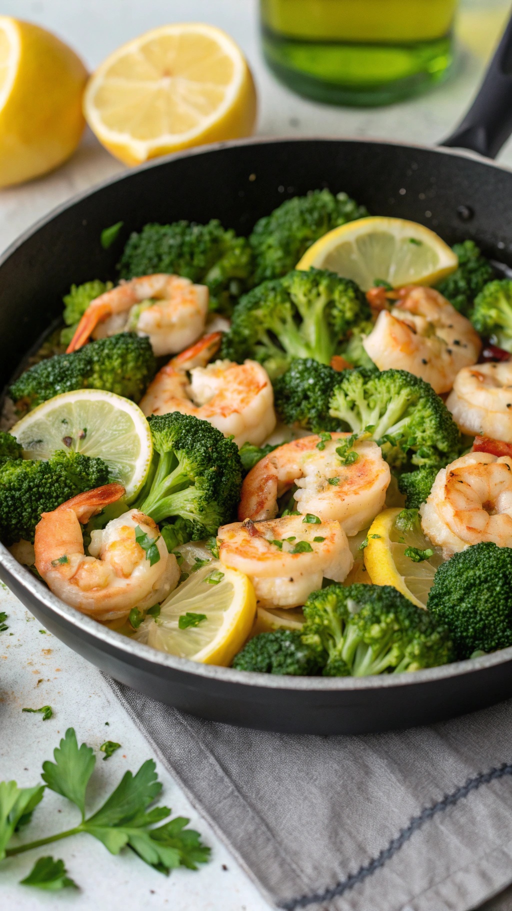 A delicious one-pan meal featuring shrimp and broccoli with lemon slices.