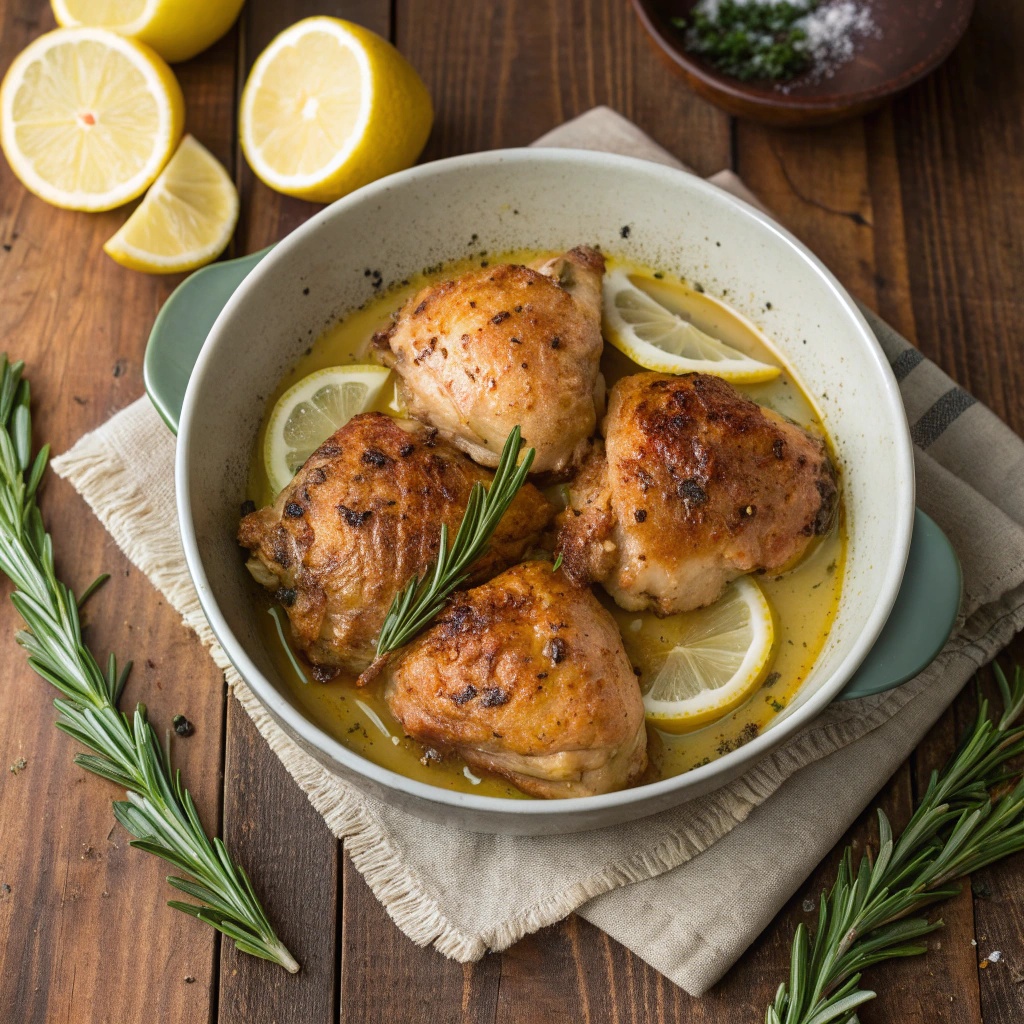 Delicious Lemon Garlic Butter Chicken Thighs served with lemon slices and herbs