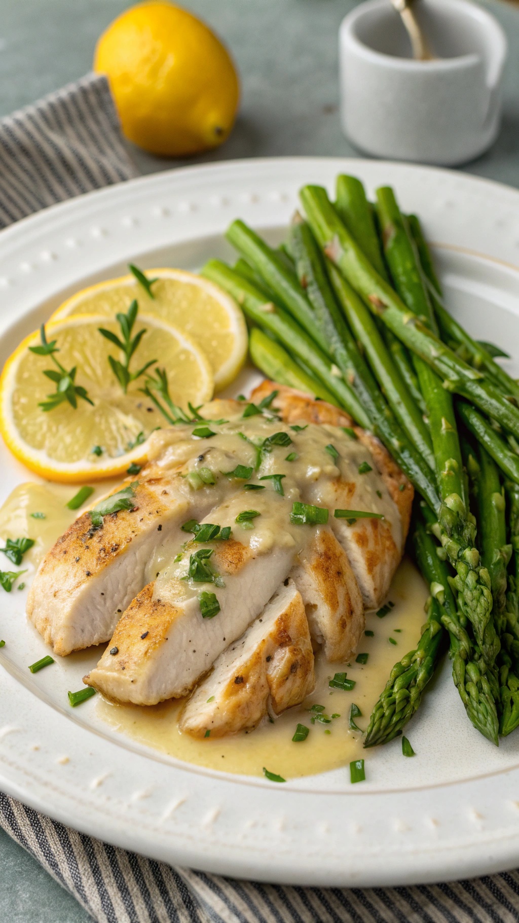 Lemon Garlic Chicken with Asparagus on a plate, garnished with lemon slices and herbs.