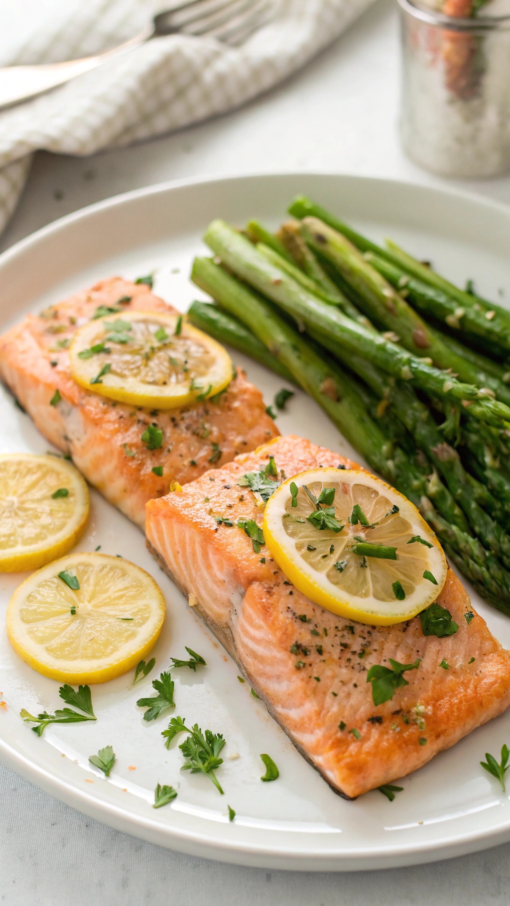 Lemon garlic roasted salmon fillets served with asparagus and lemon slices