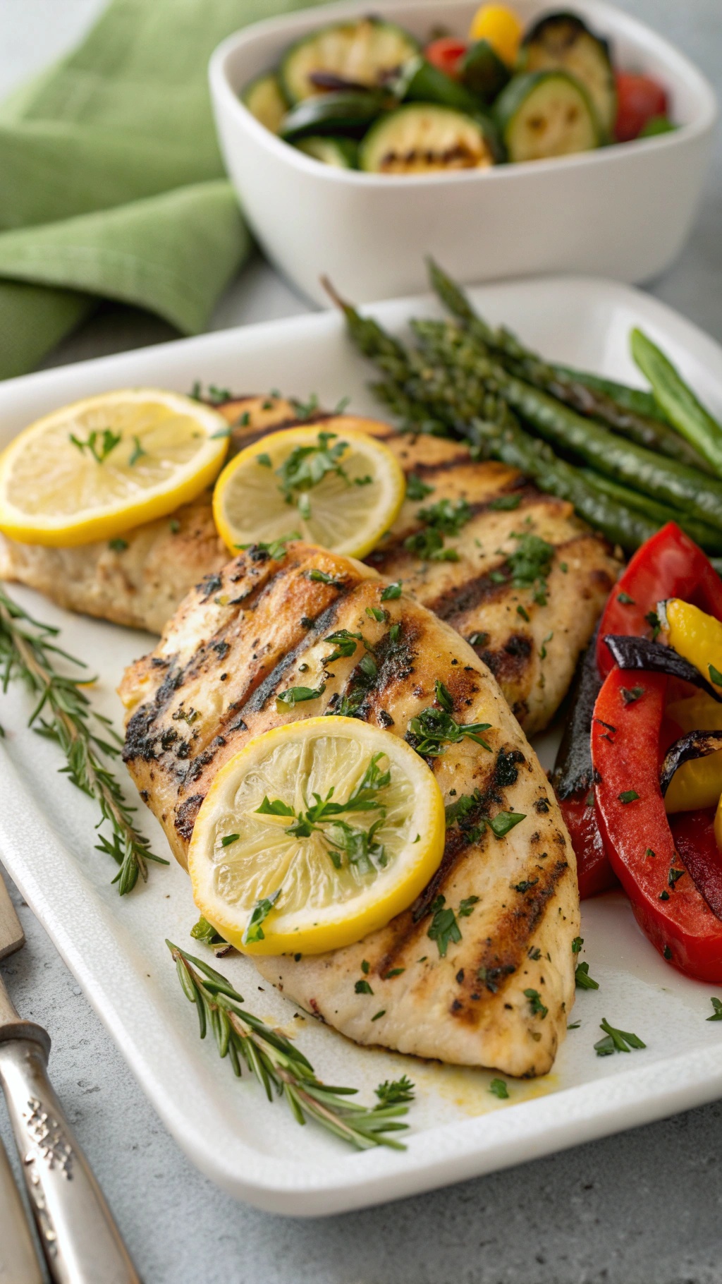 Grilled chicken with lemon slices and herbs on a plate, served with grilled vegetables.