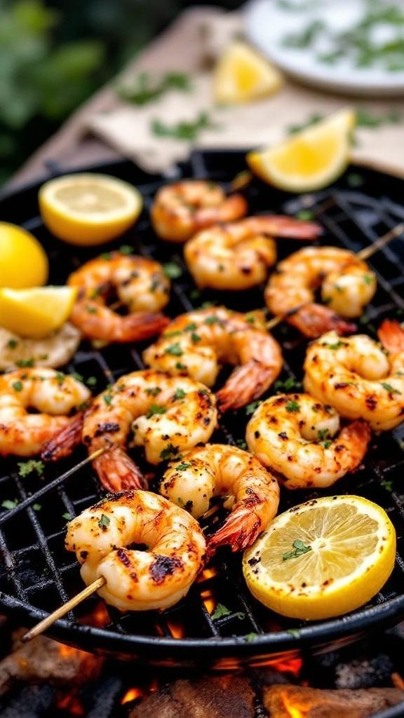 Grilled shrimp skewers with lemon slices on a grill