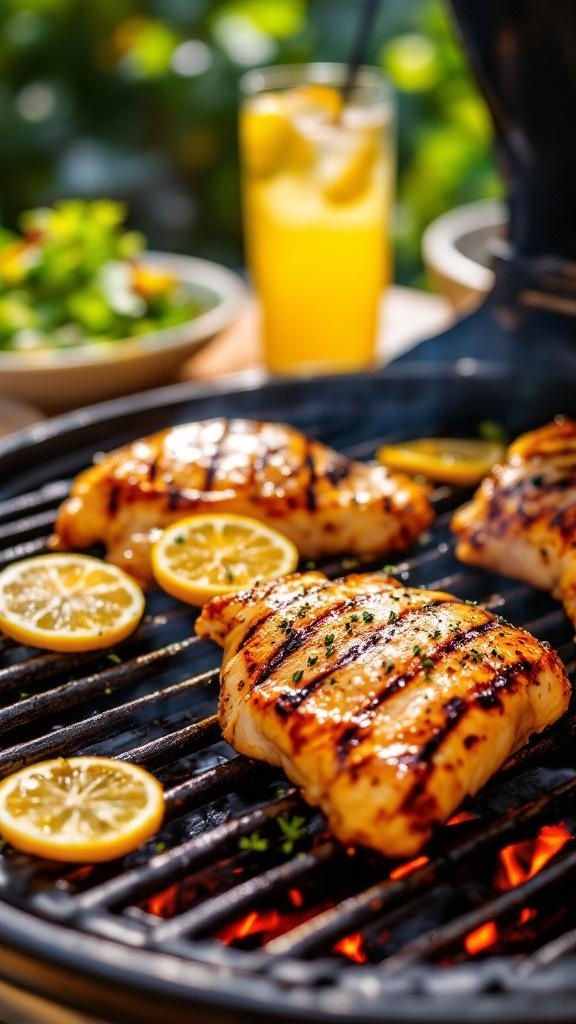Grilled chicken thighs with lemon slices on a grill