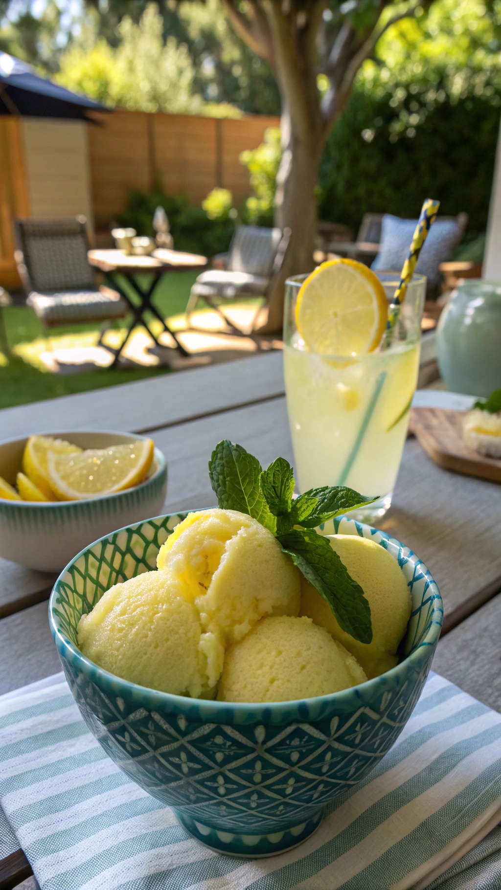 A bowl of lemon sorbet with mint leaves, surrounded by lemon slices and a refreshing drink in a garden setting.