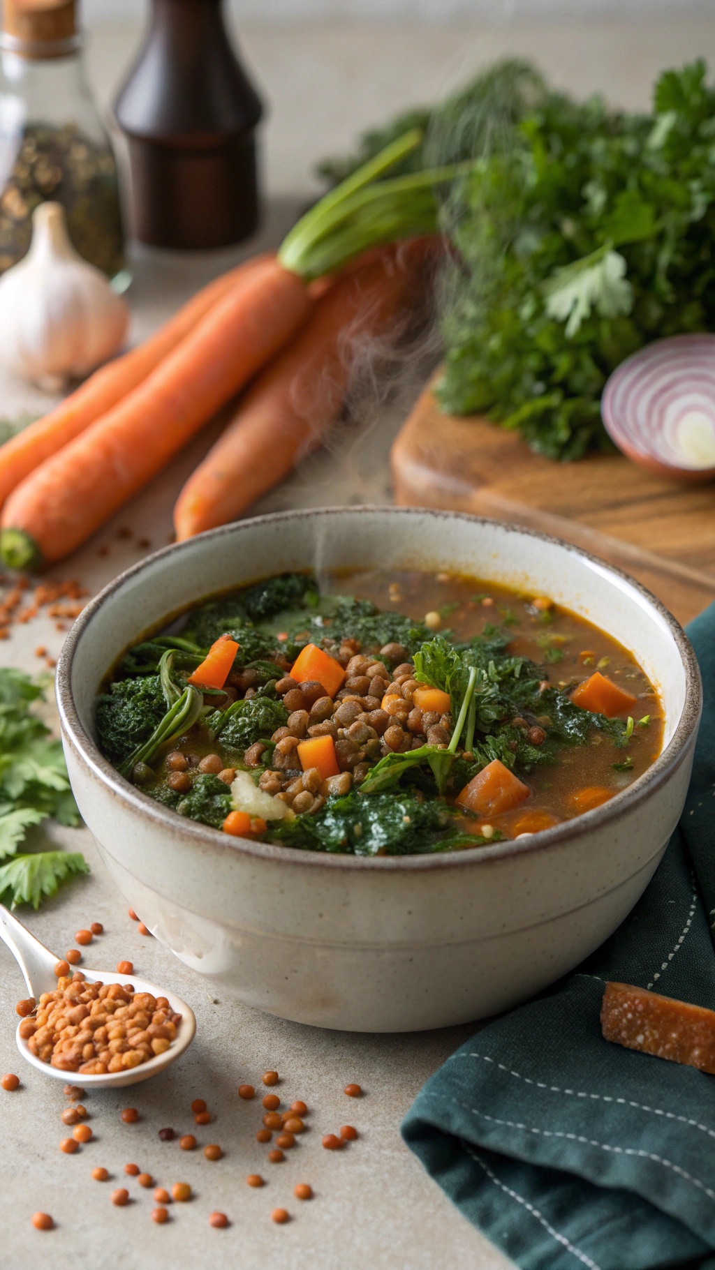 A bowl of lentil and kale soup with carrots, garnished with fresh herbs.