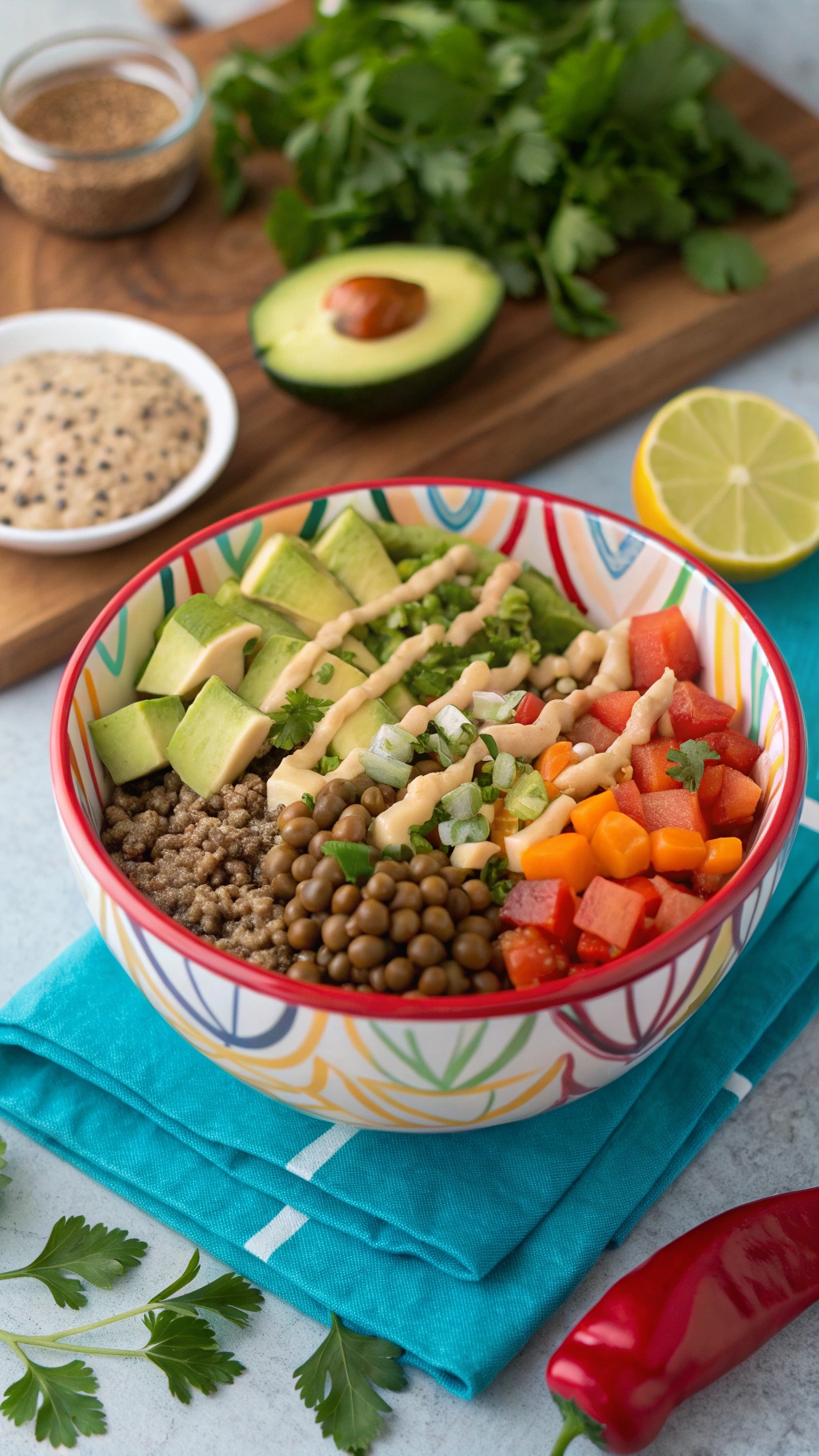A colorful bowl of lentil and quinoa salad topped with tahini dressing, surrounded by fresh ingredients.