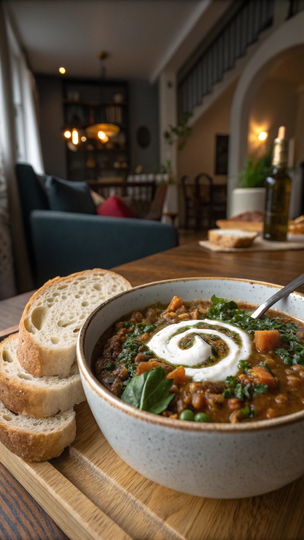 A bowl of lentil and spinach stew garnished with sour cream, served with slices of bread.
