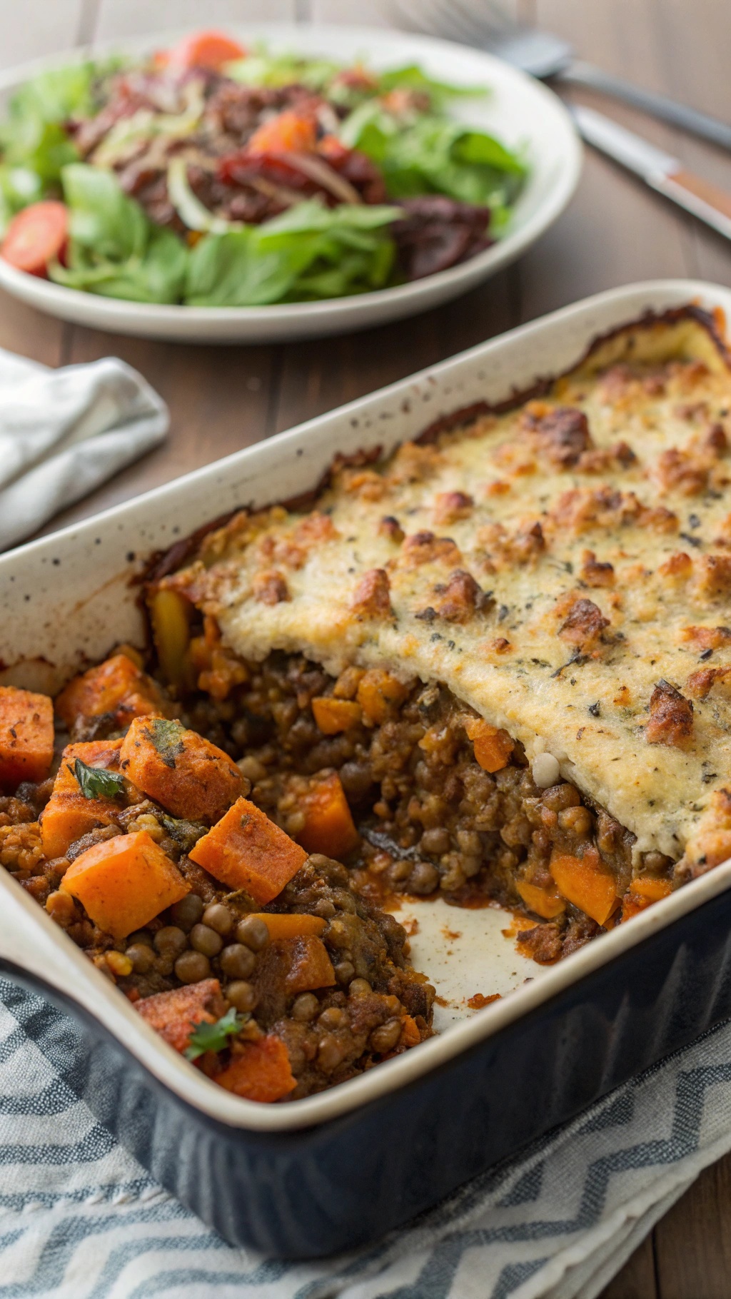 A delicious lentil and sweet potato casserole in a baking dish, with a side salad in the background.