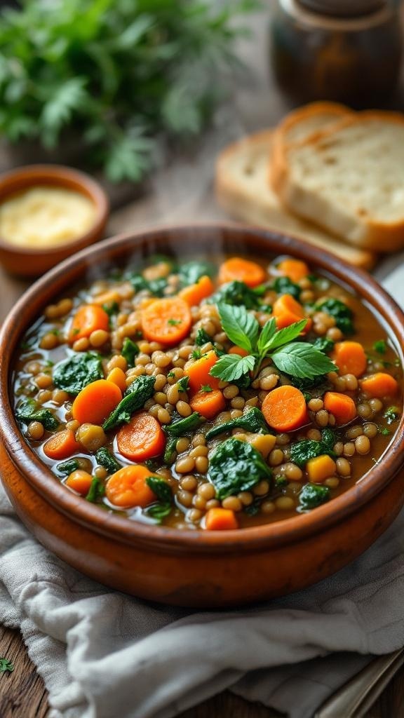A bowl of hearty lentil and vegetable stew with carrots and spinach, served with slices of bread.