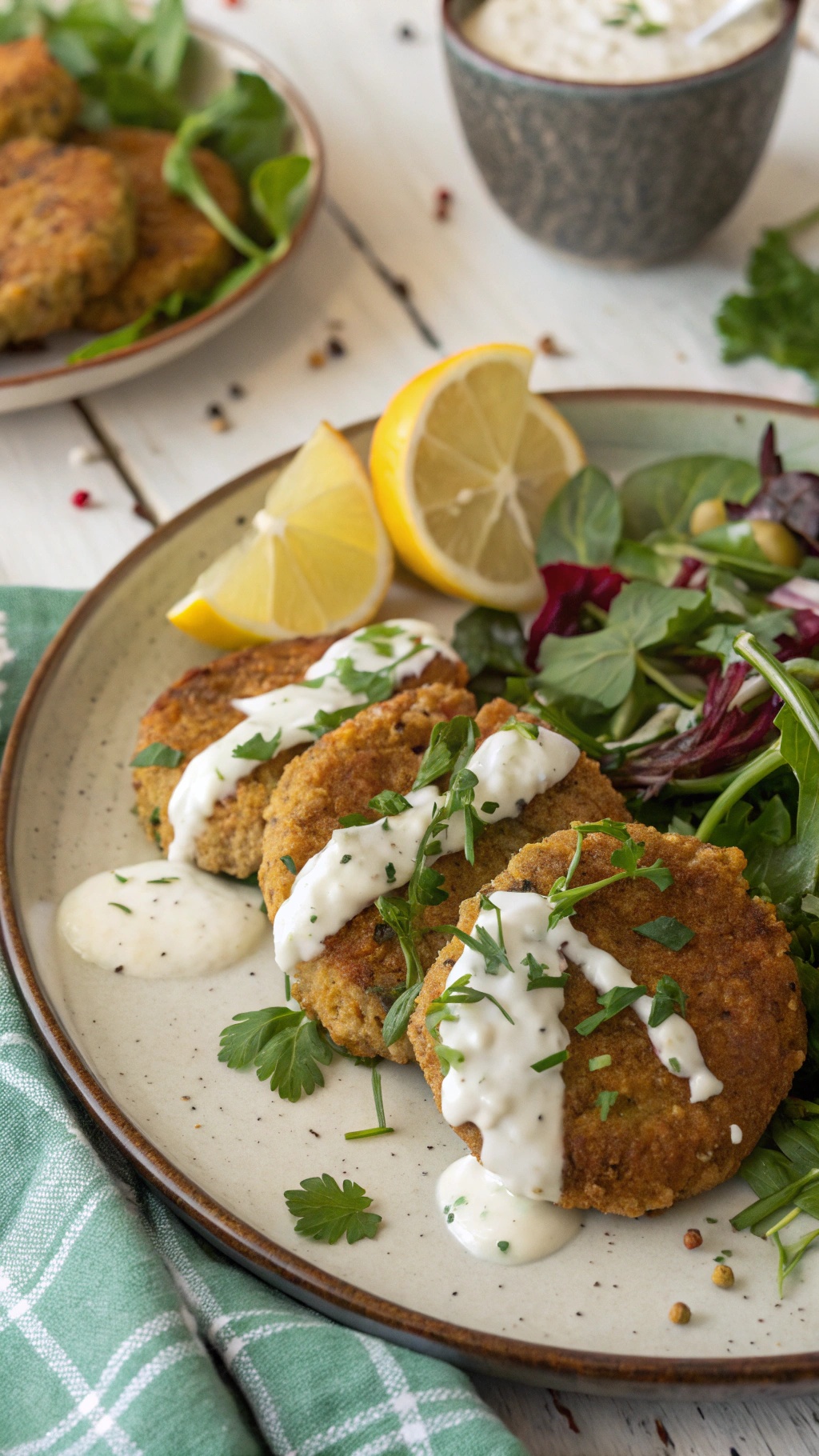 A plate of lentil fritters garnished with yogurt sauce and fresh herbs, served with lemon wedges and a side salad.