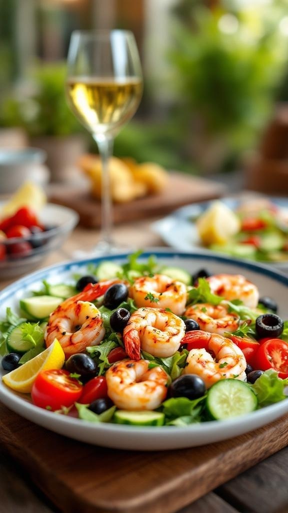 Mediterranean Grilled Shrimp Salad with fresh vegetables and a glass of white wine