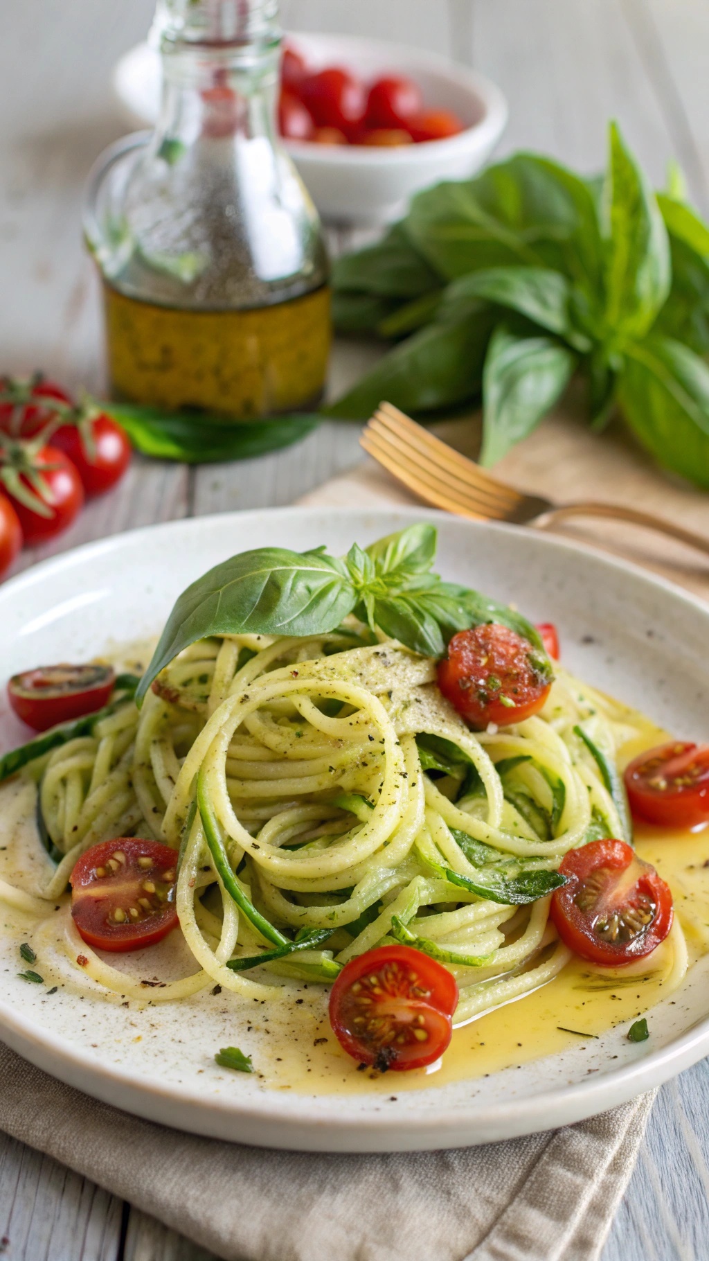 A plate of light and crispy zucchini noodles topped with cherry tomatoes and fresh basil.