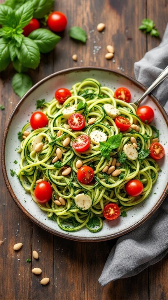 A bowl of zucchini noodles with pesto, cherry tomatoes, and pine nuts on a wooden table.