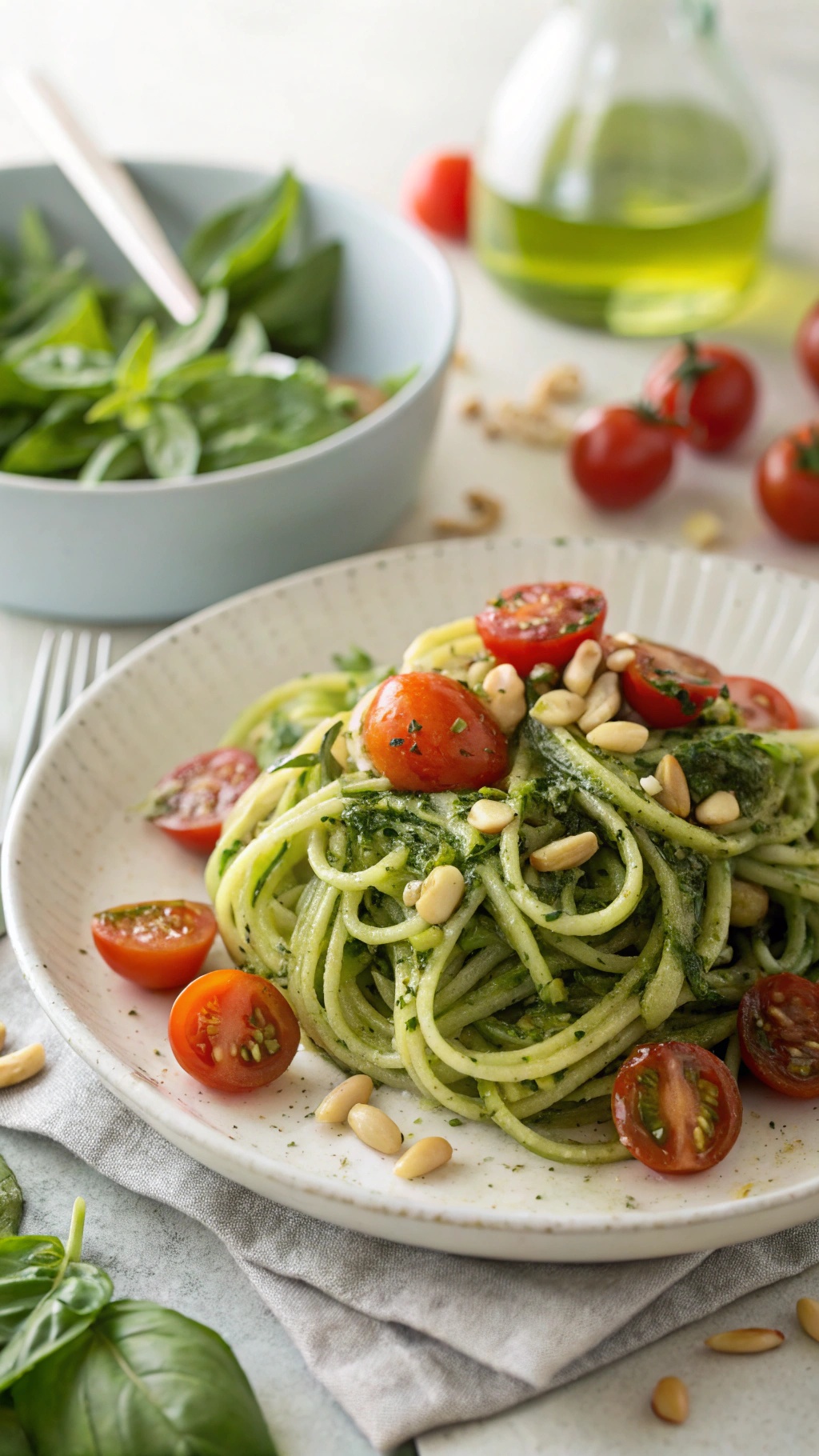 A plate of zucchini noodles topped with pesto, cherry tomatoes, and pine nuts, with a side salad in the background.