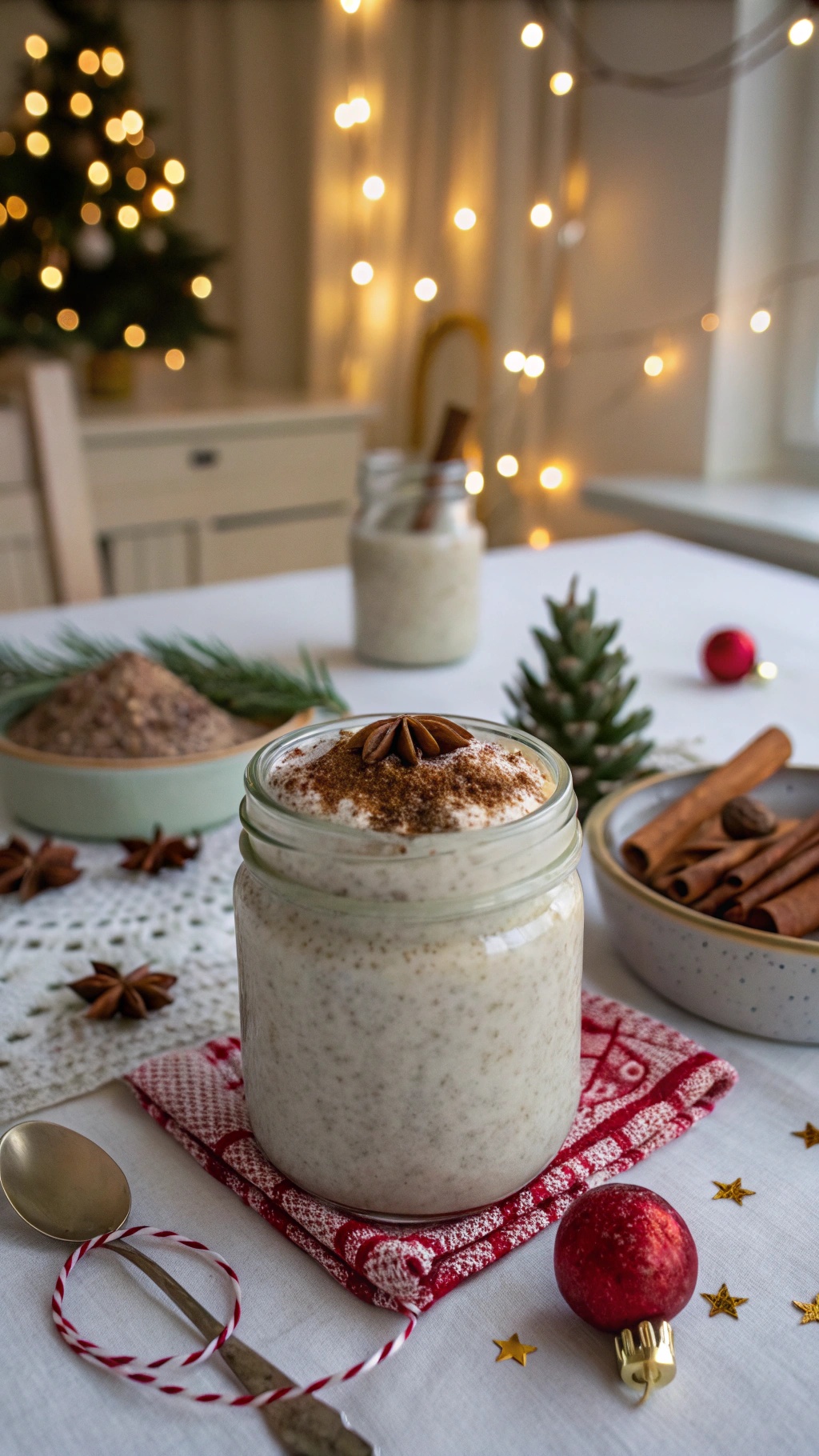 A festive jar of eggnog chia pudding topped with cinnamon and star anise, surrounded by holiday decorations.