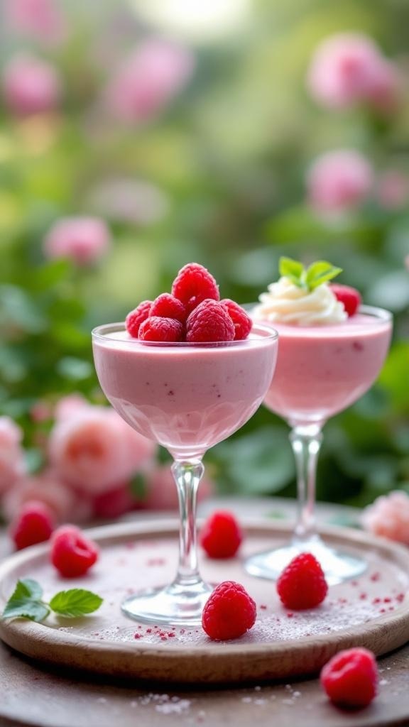 Light and fluffy raspberry mousse served in elegant glasses, topped with fresh raspberries and mint leaves.