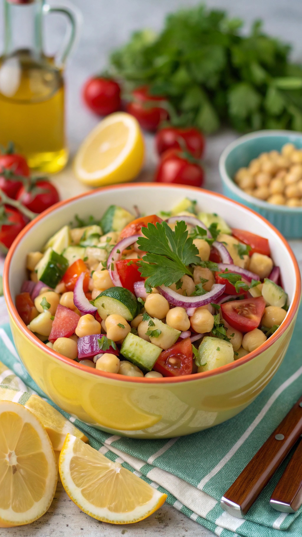 A vibrant Mediterranean Chickpea Salad in a bowl with fresh ingredients and lemon slices.