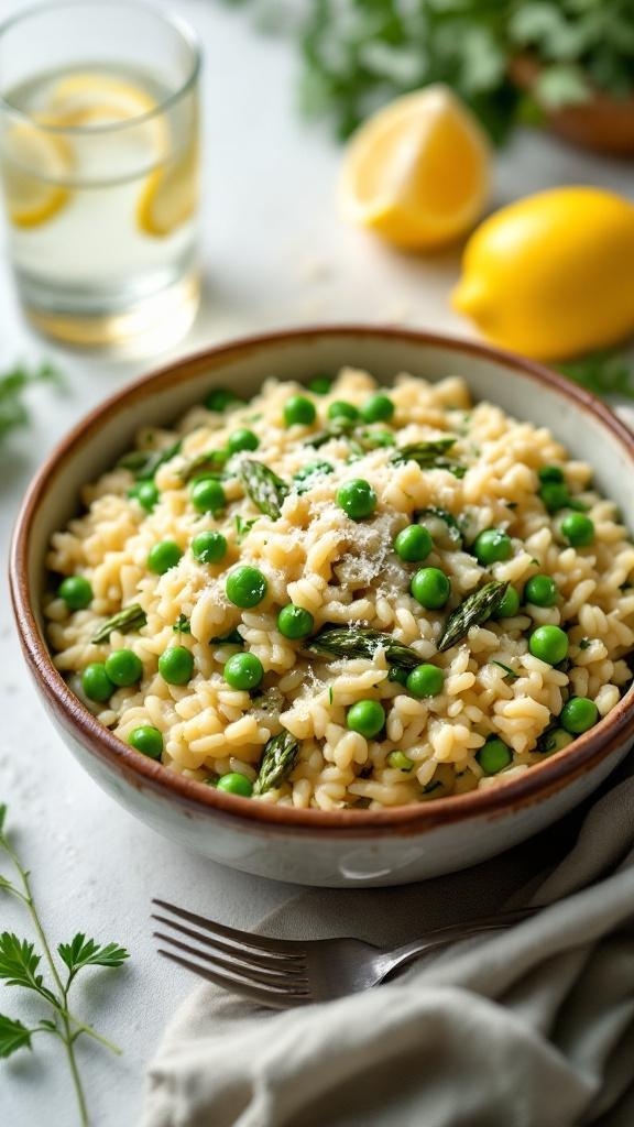 A bowl of light and fresh spring vegetable risotto with peas and asparagus, garnished with cheese and accompanied by lemon slices.