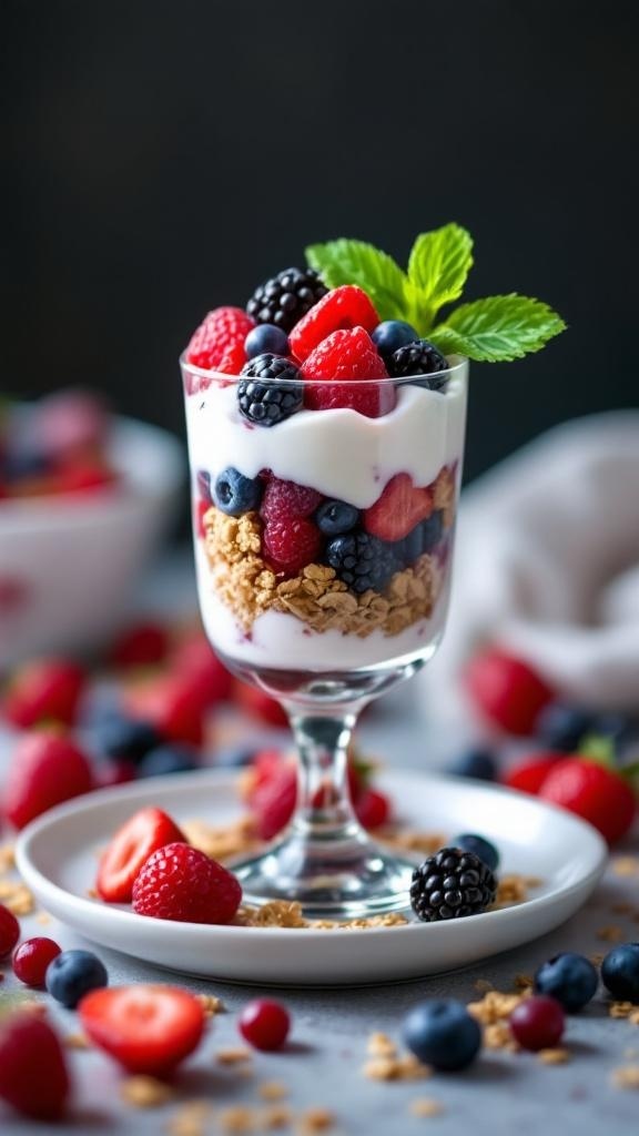 A mini berry parfait in a glass with layers of yogurt, granola, and fresh berries.