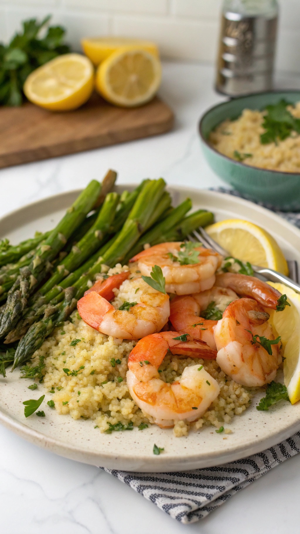 A plate of lemon garlic shrimp served with couscous and asparagus, garnished with lemon wedges and parsley.