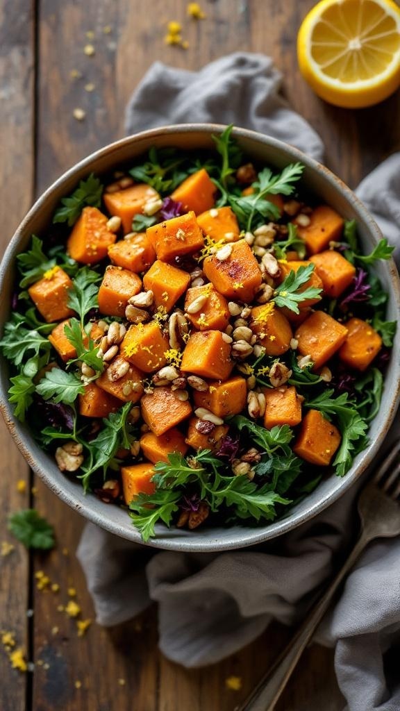 A vibrant sweet potato salad with roasted sweet potatoes, mixed greens, nuts, and a lemon dressing.