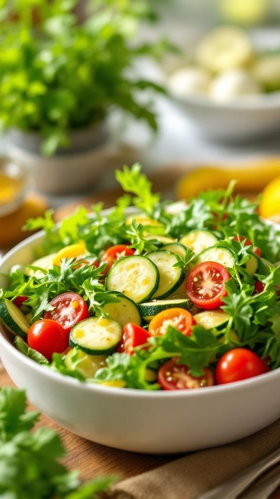 A colorful zucchini salad with cherry tomatoes and greens in a white bowl.
