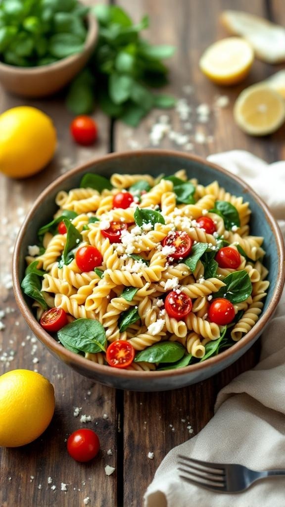 A bowl of zesty lemon and spinach pasta salad with cherry tomatoes and feta cheese