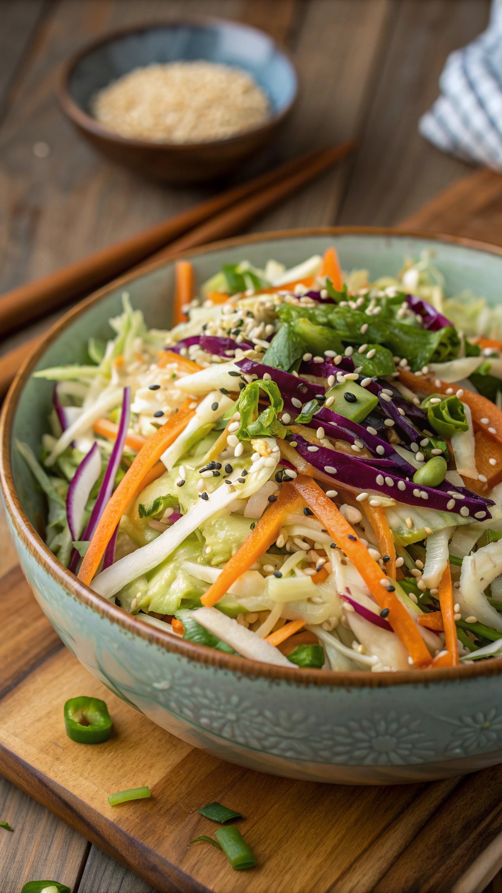 A vibrant Asian cabbage salad with colorful vegetables and sesame seeds.