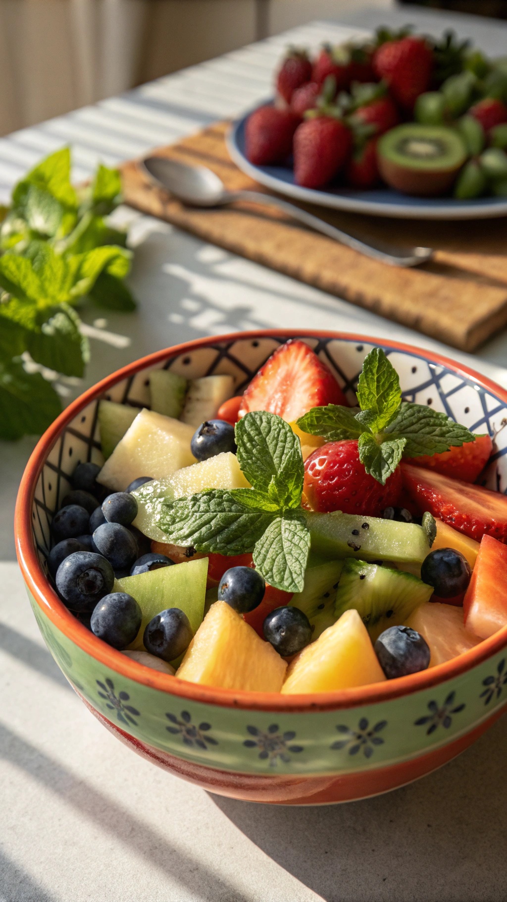 A colorful fruit salad in a bowl with strawberries, blueberries, cantaloupe, and honeydew, garnished with mint leaves.