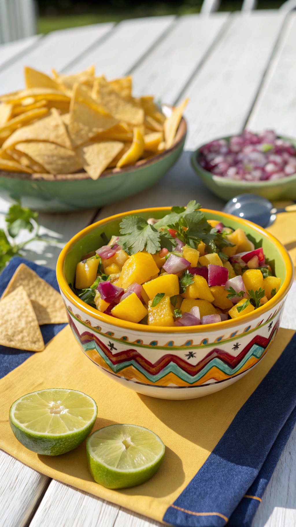 A colorful bowl of mango salsa with tortilla chips and lime slices on a table.