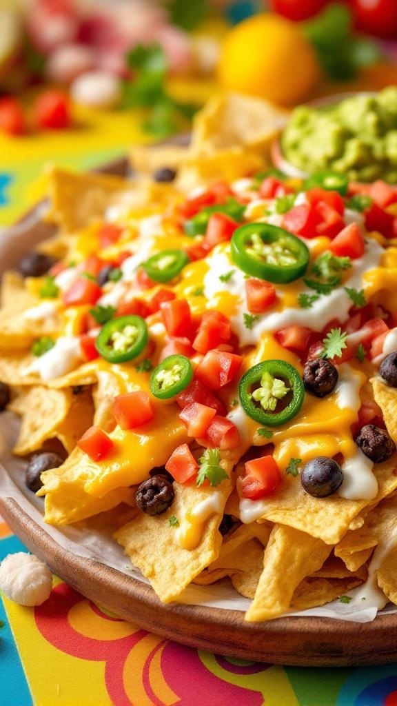 A colorful plate of loaded nachos topped with cheese, tomatoes, jalapeños, and sour cream.