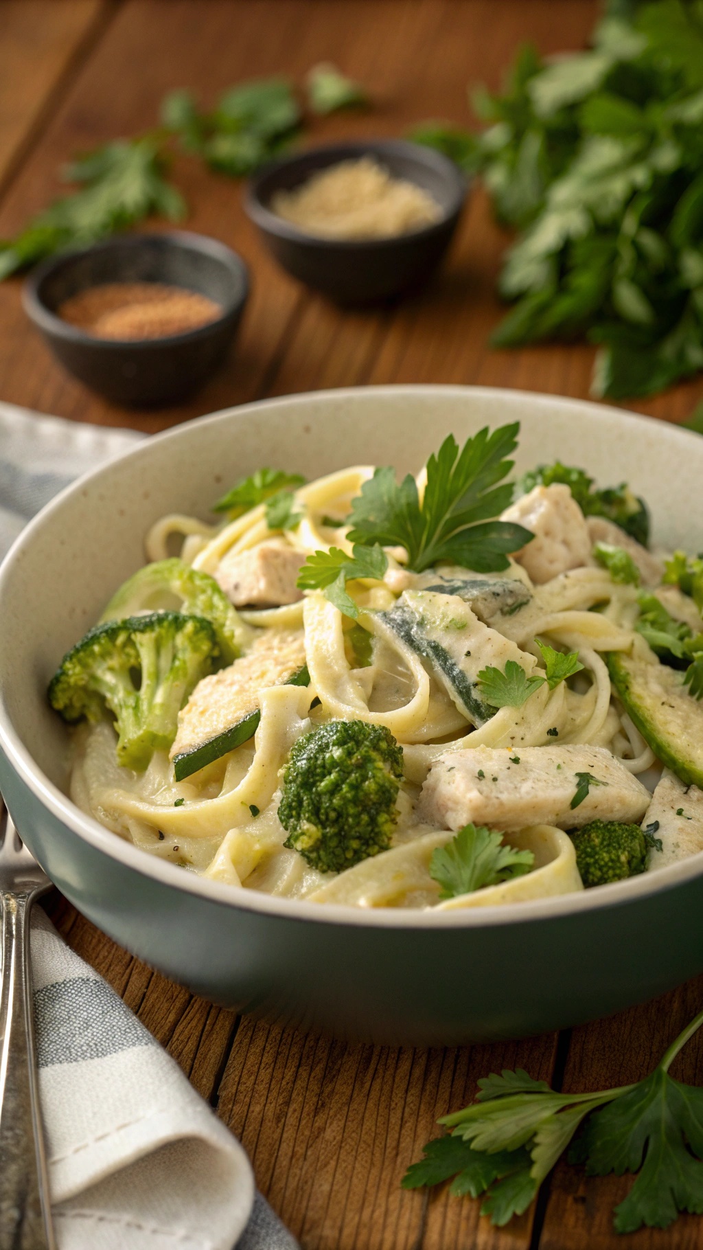 A bowl of Low-Carb Chicken Alfredo with Broccoli, featuring fettuccine noodles, chicken, and broccoli in a creamy sauce, garnished with parsley.