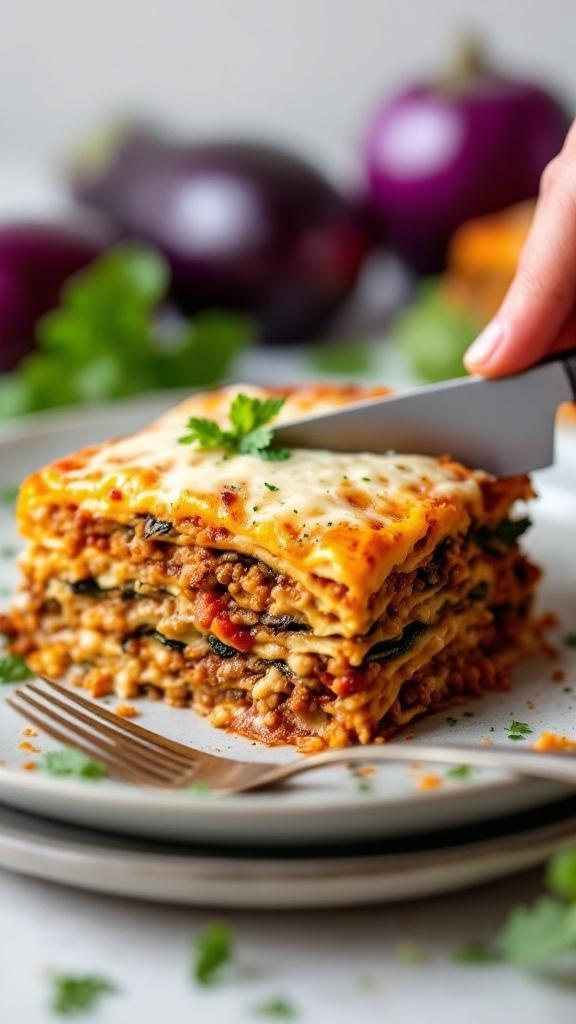 A slice of low-carb eggplant and ground turkey lasagna on a plate, garnished with parsley.