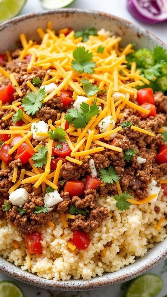 A colorful low-carb taco salad with cauliflower rice, topped with ground beef, tomatoes, cheese, and cilantro.